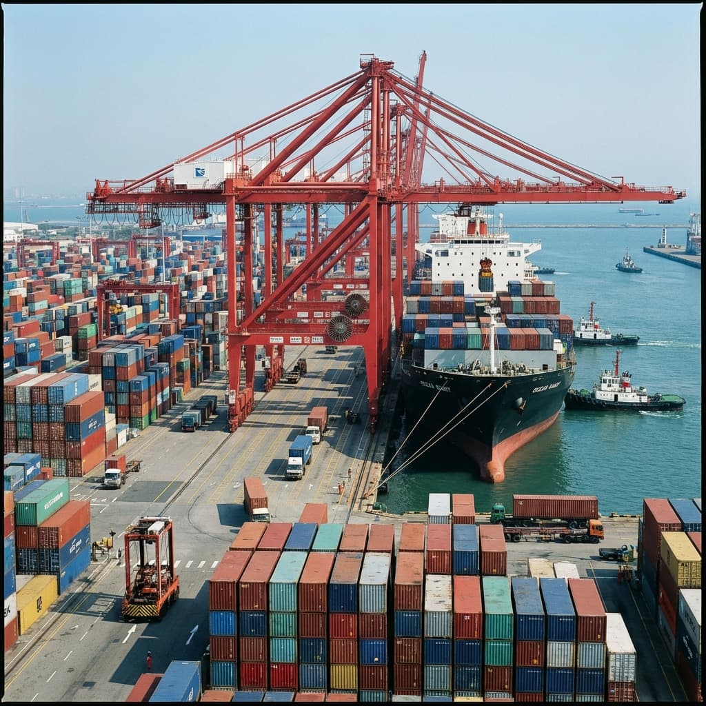 Port with container cranes